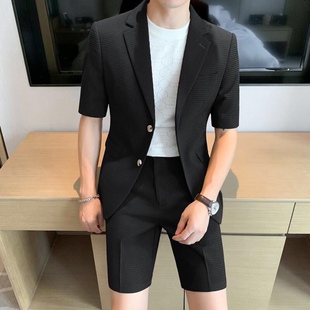 2026新款男短袖短裤两件套夏季薄款休闲外套高级感炸街西装套装男