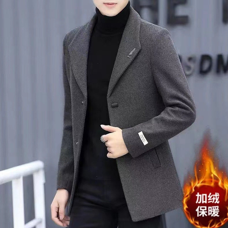 高档毛呢外套男短款加绒加厚秋冬季韩版百搭修身英伦休闲呢子大衣