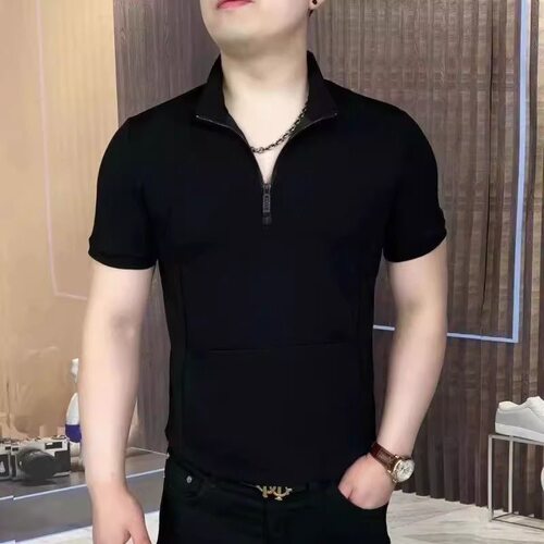时尚拼接短袖半拉链T恤男士夏季新款简约休闲透气纯色半袖polo领