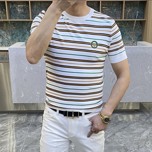 新款潮流刺绣男士针织短袖t恤夏季圆领体恤衫薄款横条纹上衣潮T