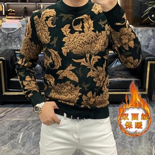 秋冬男士新款套头打底衫黑灰色德绒卫衣复古轻奢花纹印花长袖T恤