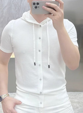 2025夏季新款潮牌修身帅气连帽短袖T恤男士简约休闲纯色针织开衫