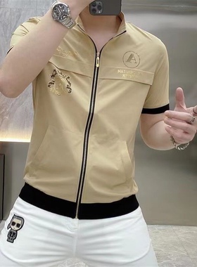 夏季拉链开衫短袖男士高档冰丝休闲衬衫印花立领轻薄透气潮流半袖