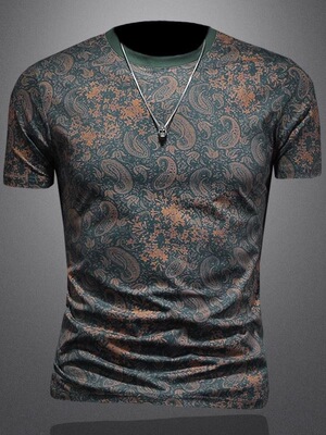 欧货潮流复古腰果印花短袖t恤男士2026夏季新款圆领修身透气上衣