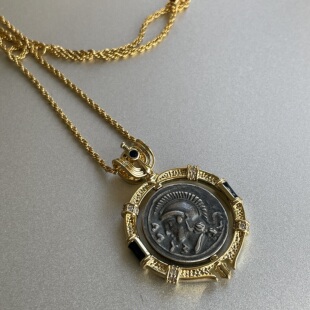 古老时光 古希腊士兵天使正反面做旧硬币吊坠金色长项链时髦毛衣