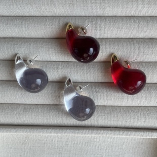 清透光芒 时髦气质银针 透明红色水滴形耳钉小众设计感monies风格