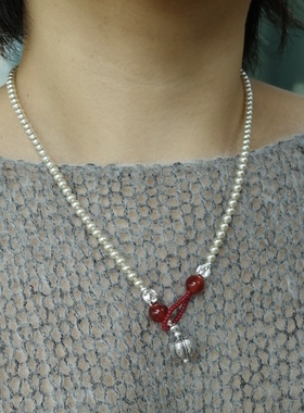 好运来咯。圆润人造珍珠4mm红玛瑙盘扣设计新中式国风项链节日感