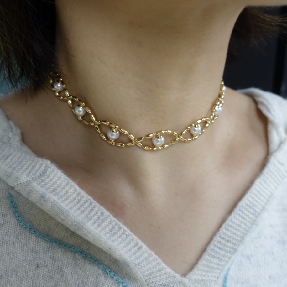 【福利】金色米粒形双层串珠人造珍珠镂空颈链choker时髦个性短款