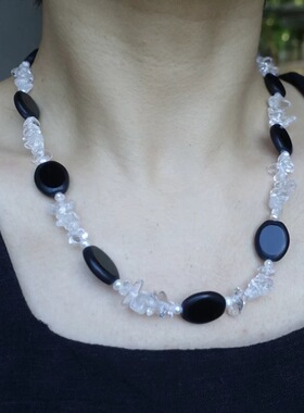 【清仓特价】黑玛瑙白水晶天然珍珠串珠项链时髦简约高级知识分子