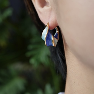 高级复古 深浅蓝色珠光滴釉撞色螺旋耳扣环时髦个性 清仓特价