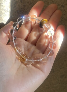 你是透明的。天然白水晶圆球珠10mm虎眼石串珠手链弹力松紧清爽