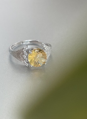 清甜黄糖。天然黄水晶烟花切面S925纯银拉丝质感戒指开口可调节