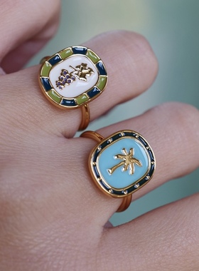 【清仓特价】彩色珐琅滴釉葡萄椰子树图案椭圆牌金色戒指时髦清新