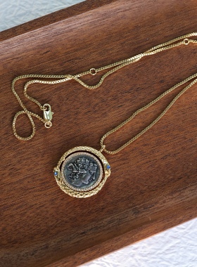 古老时光。古希腊神话女神士兵浮雕做旧钱币小蛇吊坠双面金色项链