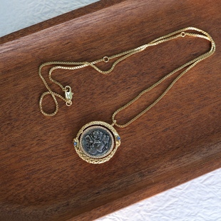 古老时光。古希腊神话女神士兵浮雕做旧钱币小蛇吊坠双面金色项链