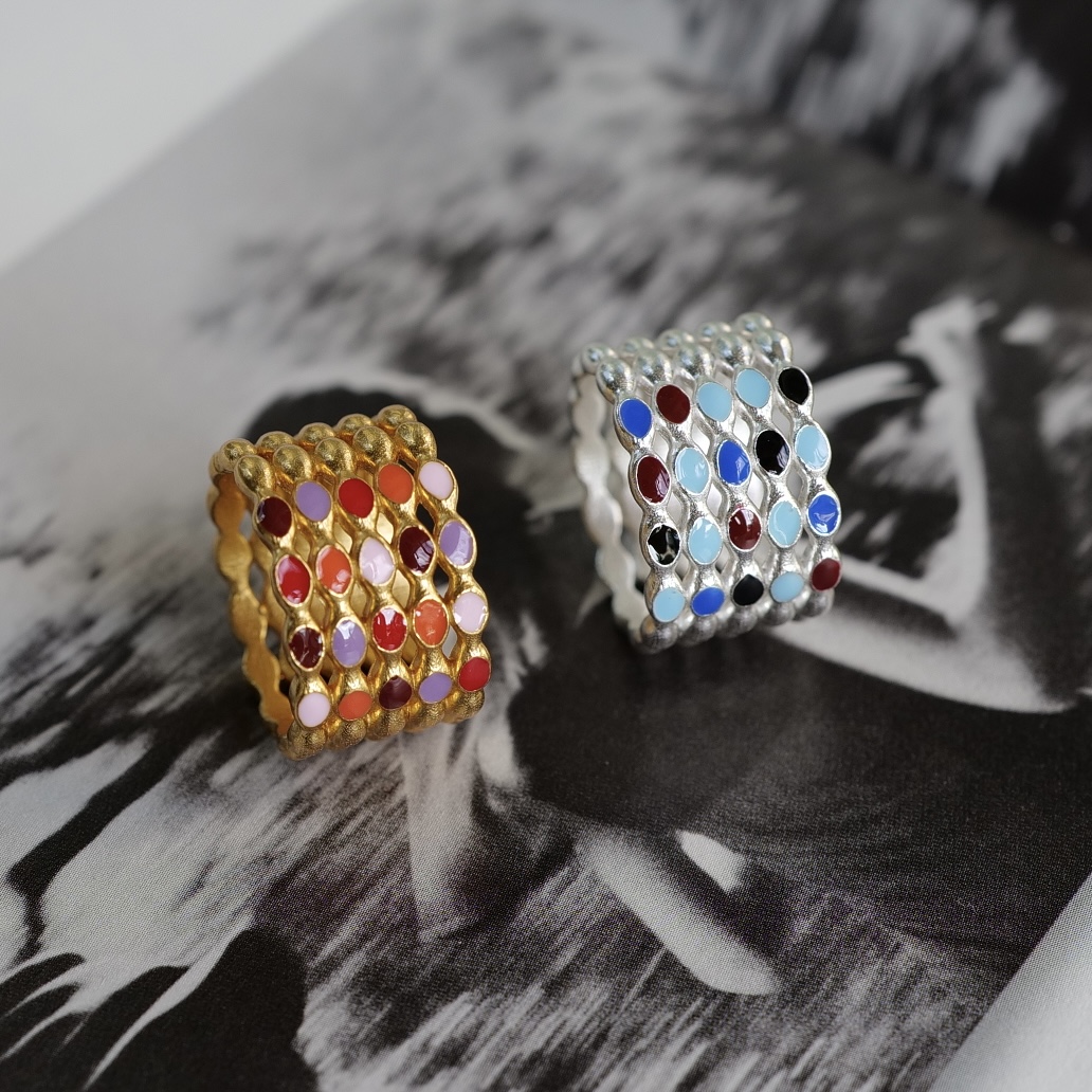 彩色雨滴。多层金银色蓝红彩釉戒指环高级简约时髦小众设计艺术感