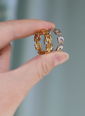 经典造型。S925纯银镀金镂空链条设计闪亮戒指环简约高级百搭质感