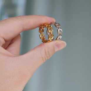 经典 S925纯银镀金镂空链条设计闪亮戒指环简约高级百搭质感 造型