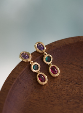 明亮色彩。紫绿玫红三色宝石金色画框吊坠耳钉文艺复古925银针