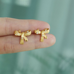 心动礼物 S925纯银镀金可爱蝴蝶结锆石闪亮耳钉精致轻奢时髦个性