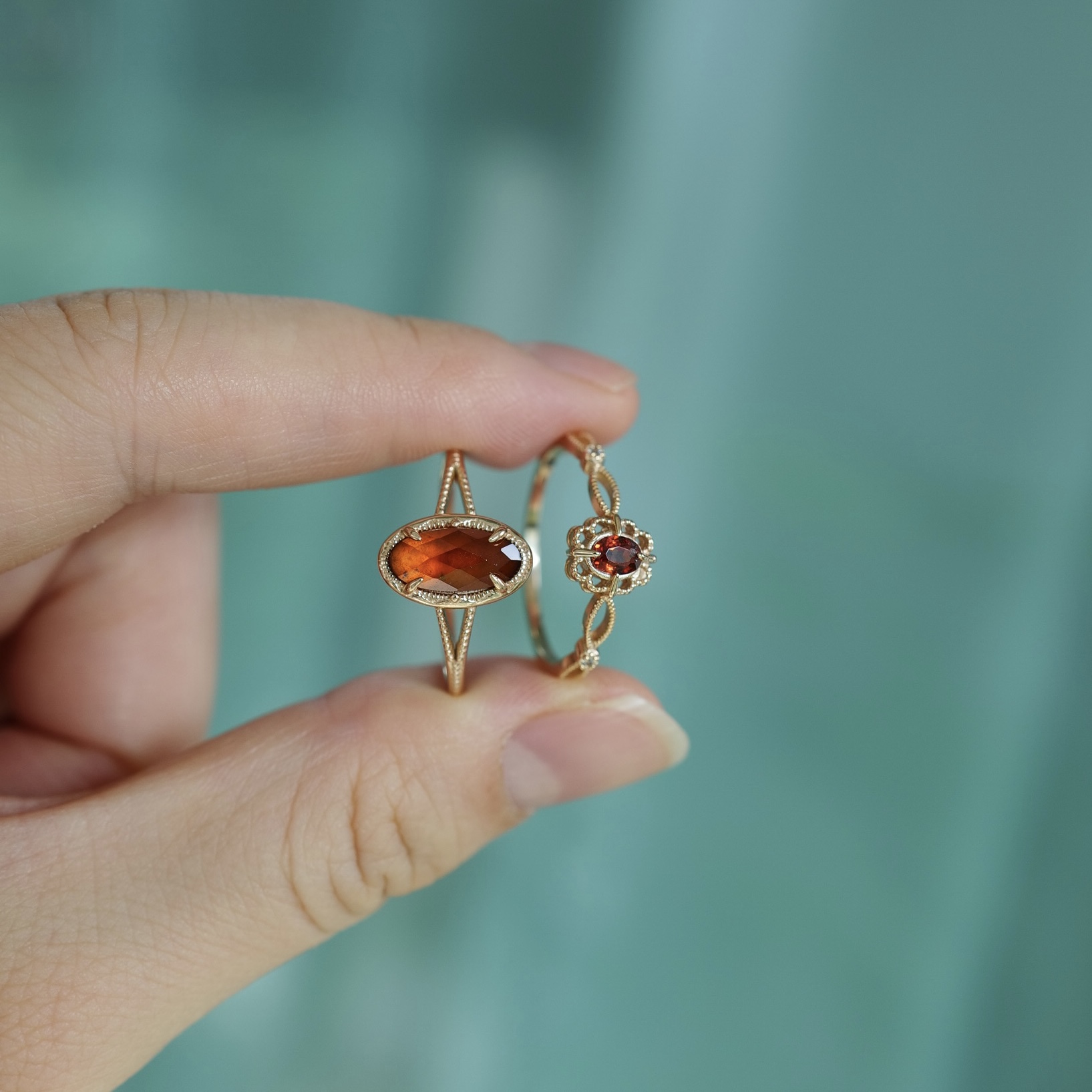 自在独美。S925银镀金镶嵌天然石榴石花边戒指环简约清新日系风格