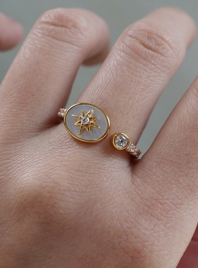 繁星点点。S925纯银镀金多芒星闪亮锆石天然母贝开口戒指环高级感