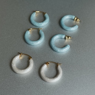 高级浅蓝乳白色滴釉耳环C字耳扣简约日常百搭 清仓特价