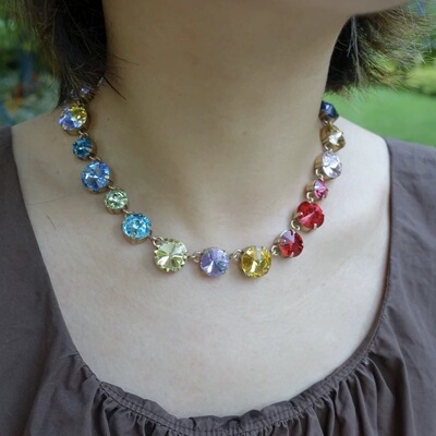 【清仓特价】彩虹红黄紫绿立体宝石撞色项链复古亮眼时髦个性四季