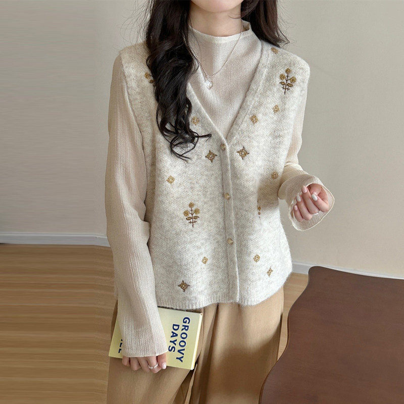 v领针织开衫马甲背心女