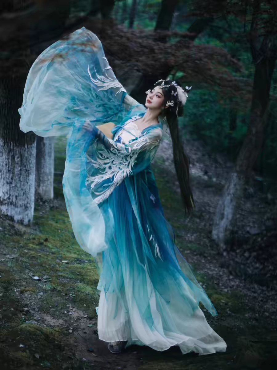 原创孔雀汉服异色重工刺绣裙大袖齐胸神话系列绣花公主超仙锦鲤