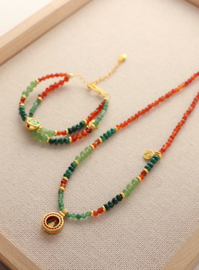 新中式天然红绿玛瑙玉髓项链亮色系串珠中国风潮锁骨链饰品礼物