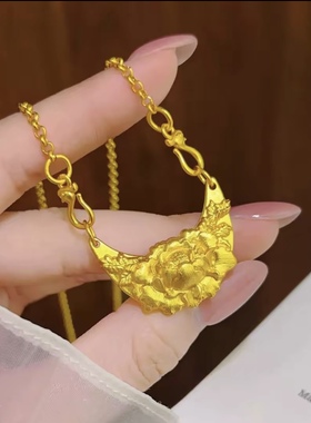沙金新中式复古花朵吊坠项链女