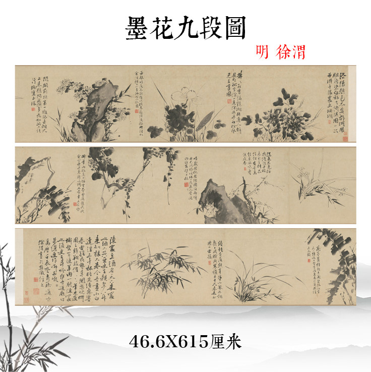 明徐渭墨花九段国画水墨写意四季花卉图长卷真迹高清复制装饰画