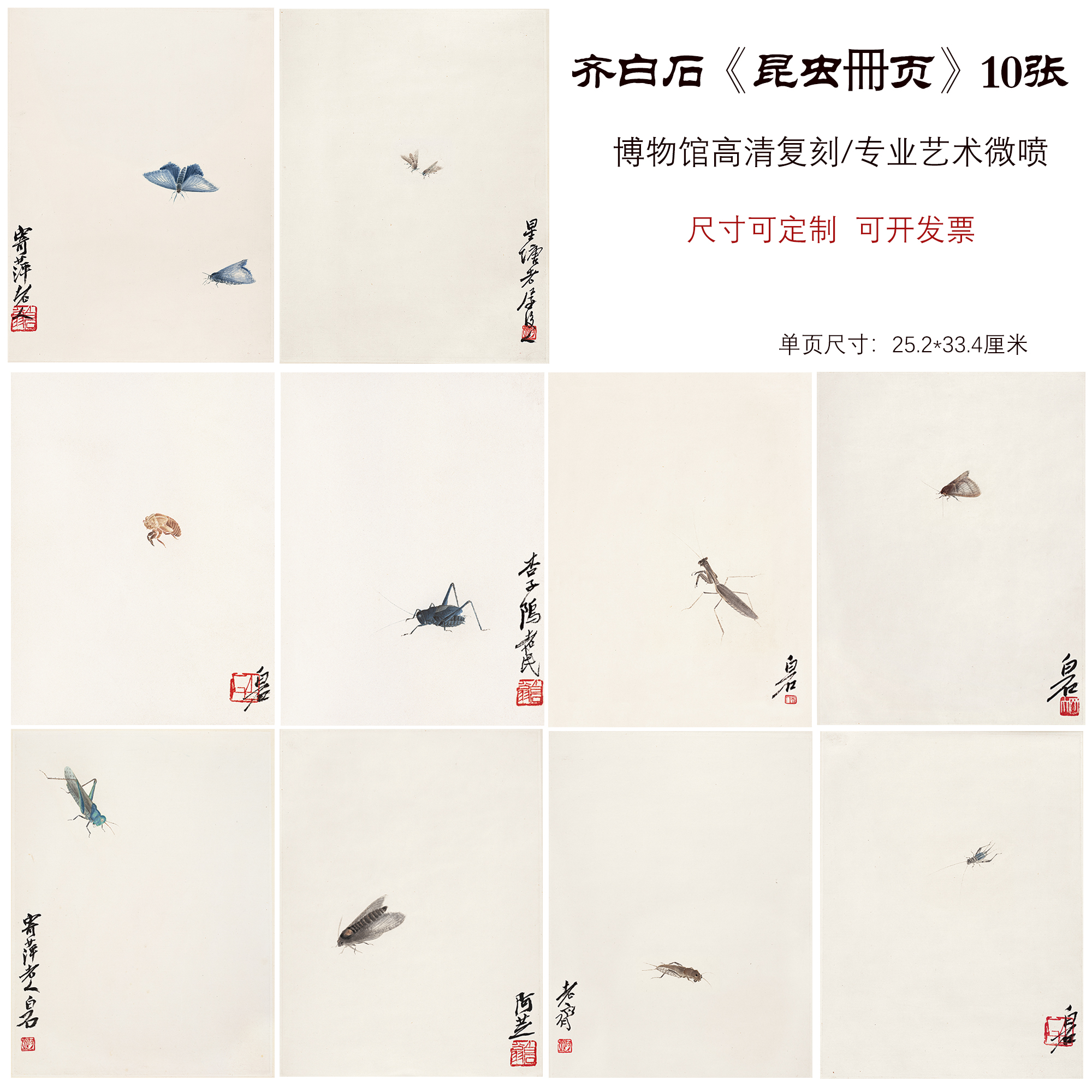 齐白石昆虫册页10张国画仿古字画宣纸高清复制装饰画临摹手稿字画
