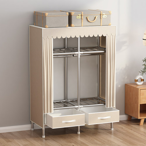 衣柜卧室家用加粗全钢架结实耐用简易组装加厚布艺带抽屉收纳衣橱