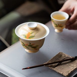 皓澜宣纸黄手绘高足盖碗手工陶瓷家用不烫手泡茶碗茶杯功夫茶具