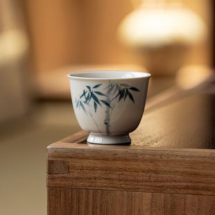 复古釉下彩品茗杯单杯功夫茶具 皓澜手绘蓝竹主人杯陶瓷茶杯中式
