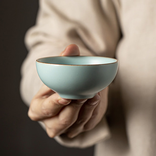 家用品茗杯泡茶杯子单杯 仿宋天青汝窑茶杯个人专用陶瓷主人杯中式