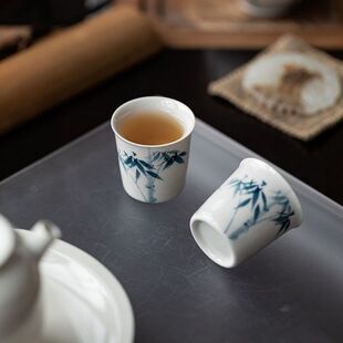 皓澜手绘蓝竹茶杯品茗杯家用草木灰釉下彩陶瓷直口杯小杯子单杯
