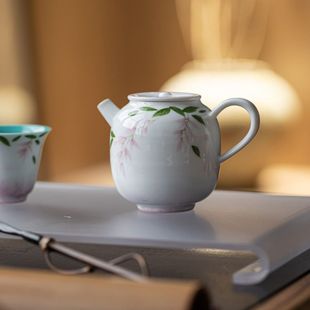 皓澜松石绿茶壶纯手绘紫藤花泡茶壶陶瓷家用防烫带过滤孔冲茶器