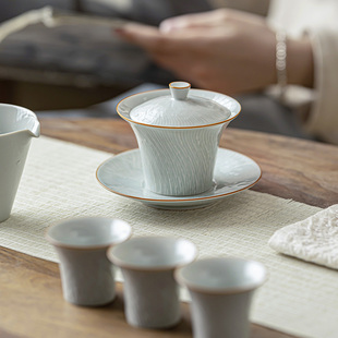 陶瓷盖碗茶杯功夫茶具大容量不烫手家用古蓝三才泡茶碗 皓澜庭中式