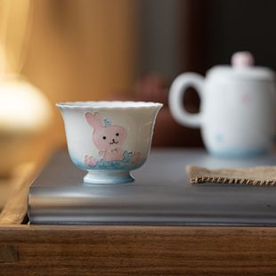 皓澜萌趣小兔陶瓷茶杯手绘堆绘主人杯家用待客杯功夫茶具品茗杯