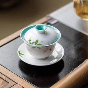 皓澜纯手绘紫藤花三才盖碗茶杯陶瓷功夫茶具泡茶碗单个高档茶碗
