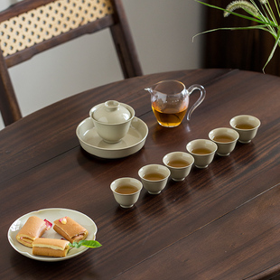 中式 复古草木灰盖碗茶杯家用陶瓷手抓泡茶碗功夫茶具套装 礼盒装