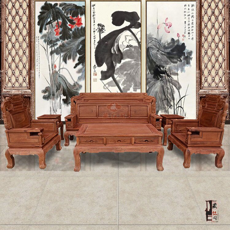 缅甸花梨木财源滚滚沙发 实木红木沙发茶几组合113六件套客厅沙发