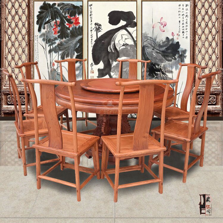 缅甸花梨木餐桌椅组合家用红木饭桌子简约中式客厅带转盘餐桌圆桌