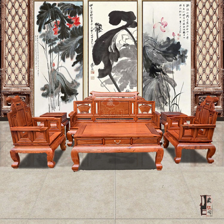 缅甸花梨木沙发茶几组合6件套 中式仿古实木红木沙发客厅家具沙发