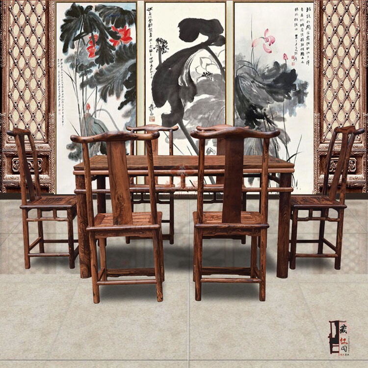 大叶黄花梨中式仿古实木中式官帽椅餐桌椅子组合7件套餐厅家具