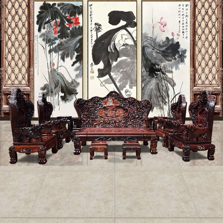 红木沙发老挝大红酸枝九龙八马宝座沙发茶几组合交趾黄檀实木沙发