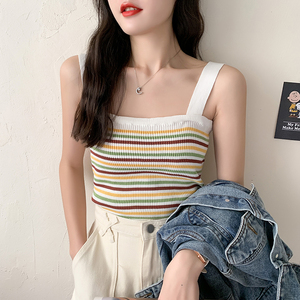 心机彩虹条纹吊带背心夏季2025外穿韩版无袖针织打底平口内搭上衣